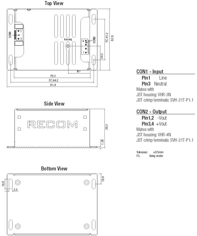 Mechanical Drawing - RECOM Power RACM100 & RACM150 Regulated Converters